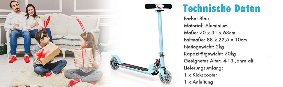 Дитячий ролер COSTWAY з LED-колесами, для дітей від 4 років, до 70 кг, регульована висота, блакитний