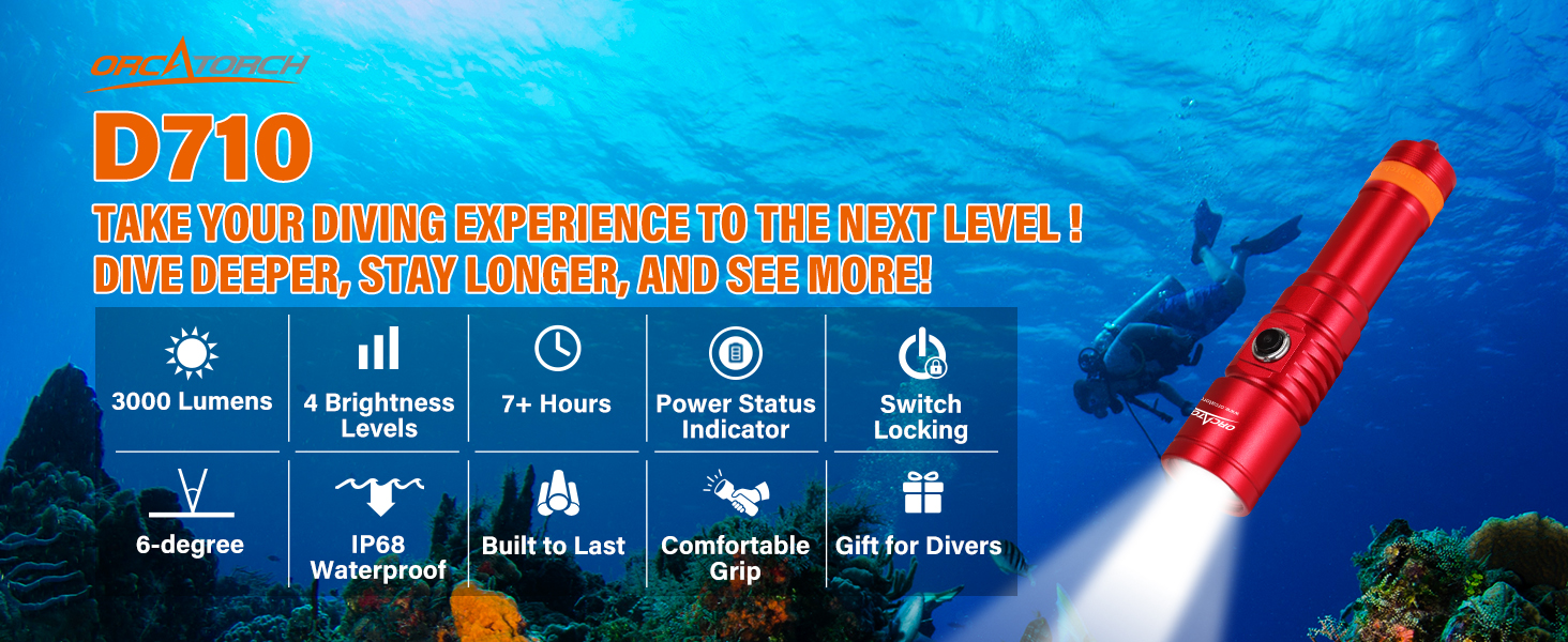 Ліхтар під водою ORCATORCH DC710 LED 3000 Lumen, USB-C, IP68, 150м, з вузьким променем (червоний)