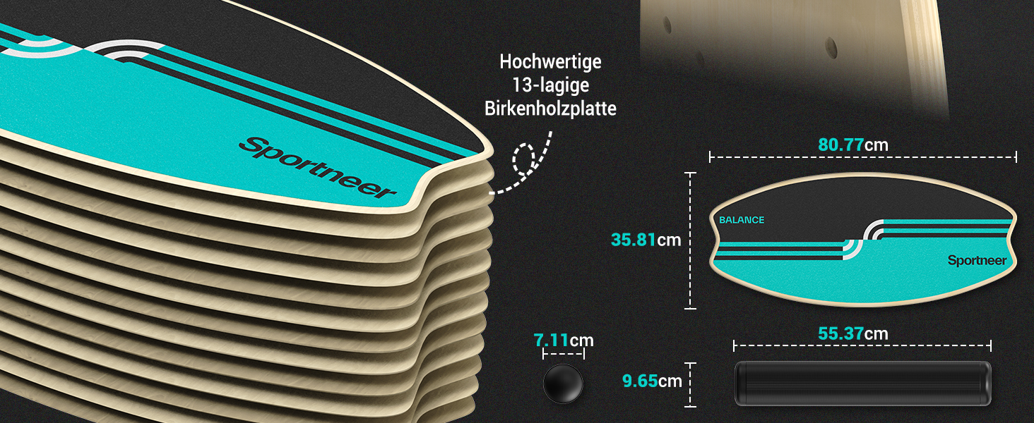 Sportneer Баланс Борд для Дорослих – 7-в-1 Дошка для Балансування, Серфінгу та Фітнесу, Дерев'яна, для Тренування, Реабілітації та Координації, з Роликом та М'ячем, Жовтого та Чорного кольорів (M, Синій та Чорний)