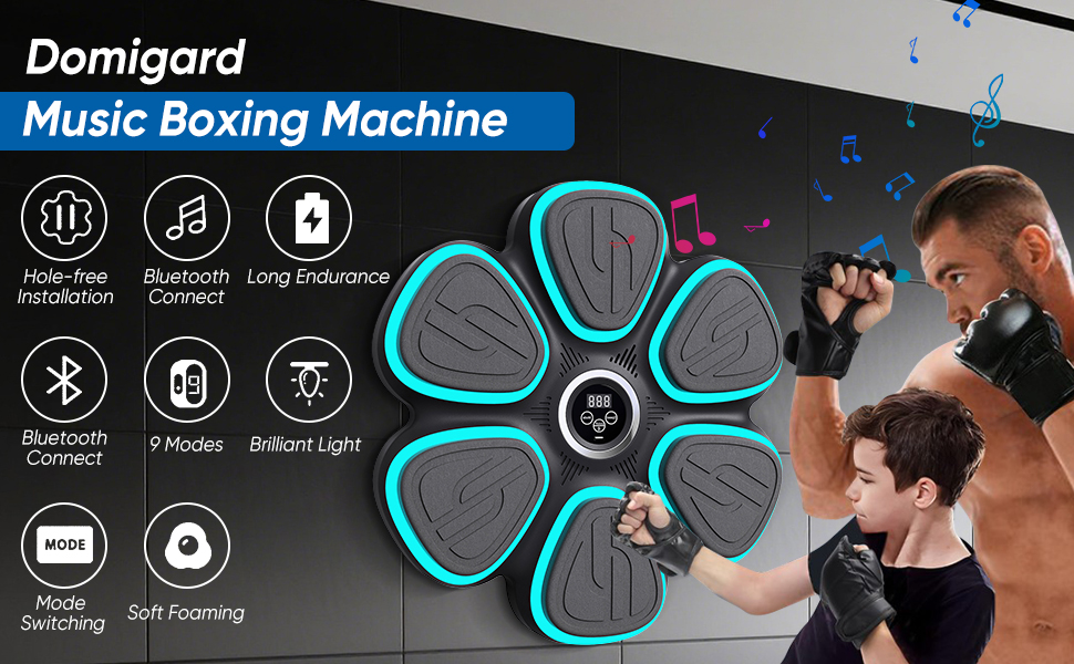 Музична бокс-машина Oamger з LED-підсвіткою, 9 режимів, з боксерськими рукавичками, інтелектуальним підрахунком та Bluetooth, для тренувань вдома для дітей та дорослих, чорний