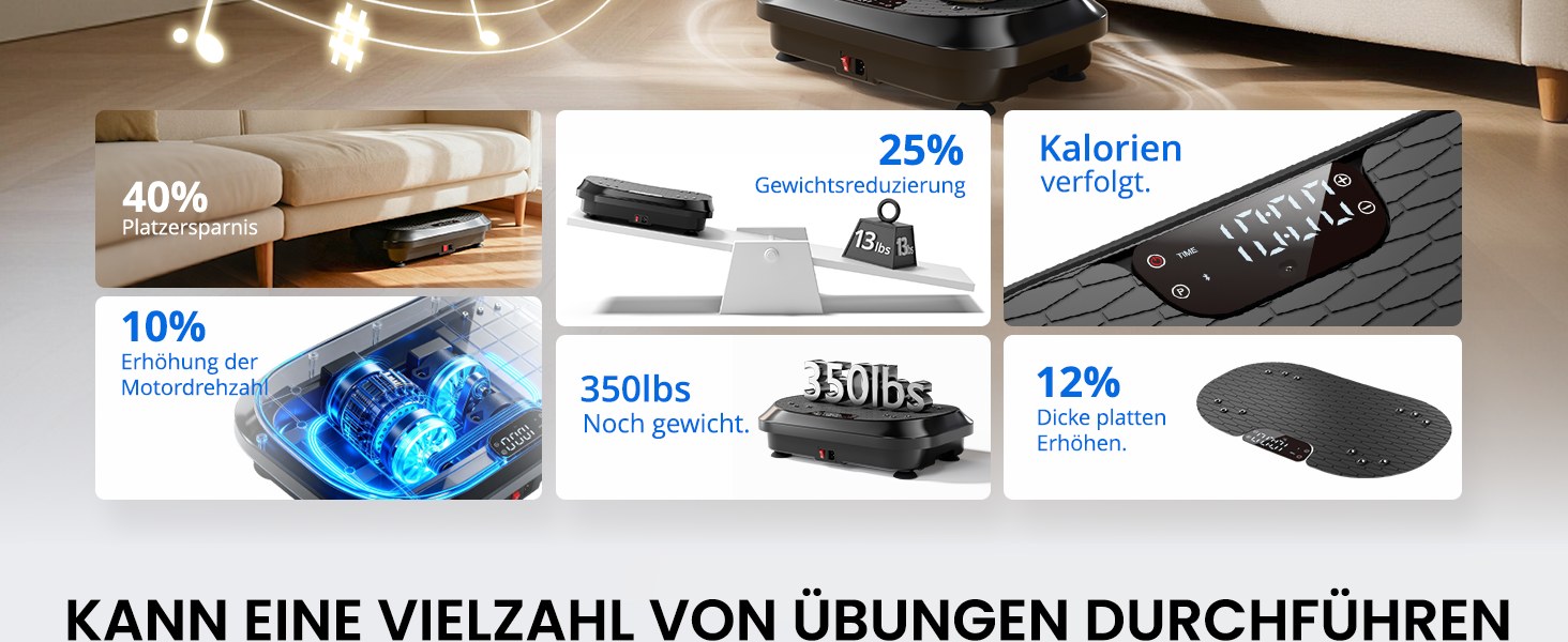 Вібраційна платформа для тренувань з Bluetooth-динаміками – 120 рівнів інтенсивності, для фітнесу вдома, лімфодренажу та формування тіла, чорна