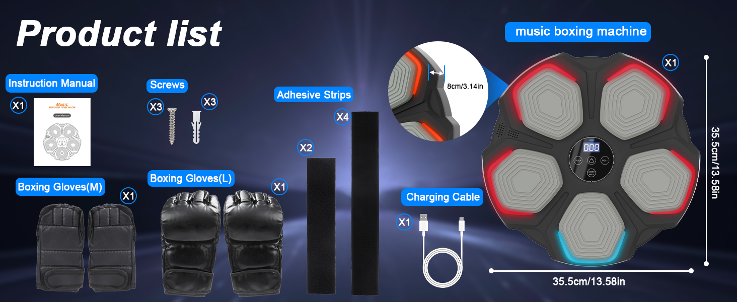 Музична боксерська машина – розумна боксерська машина з LED-підсвіткою, боксерськими рукавичками, 8 режимів швидкості та функцією підрахунку, настінна боксерська машина з музикою для дітей та дорослих (35*35 см)