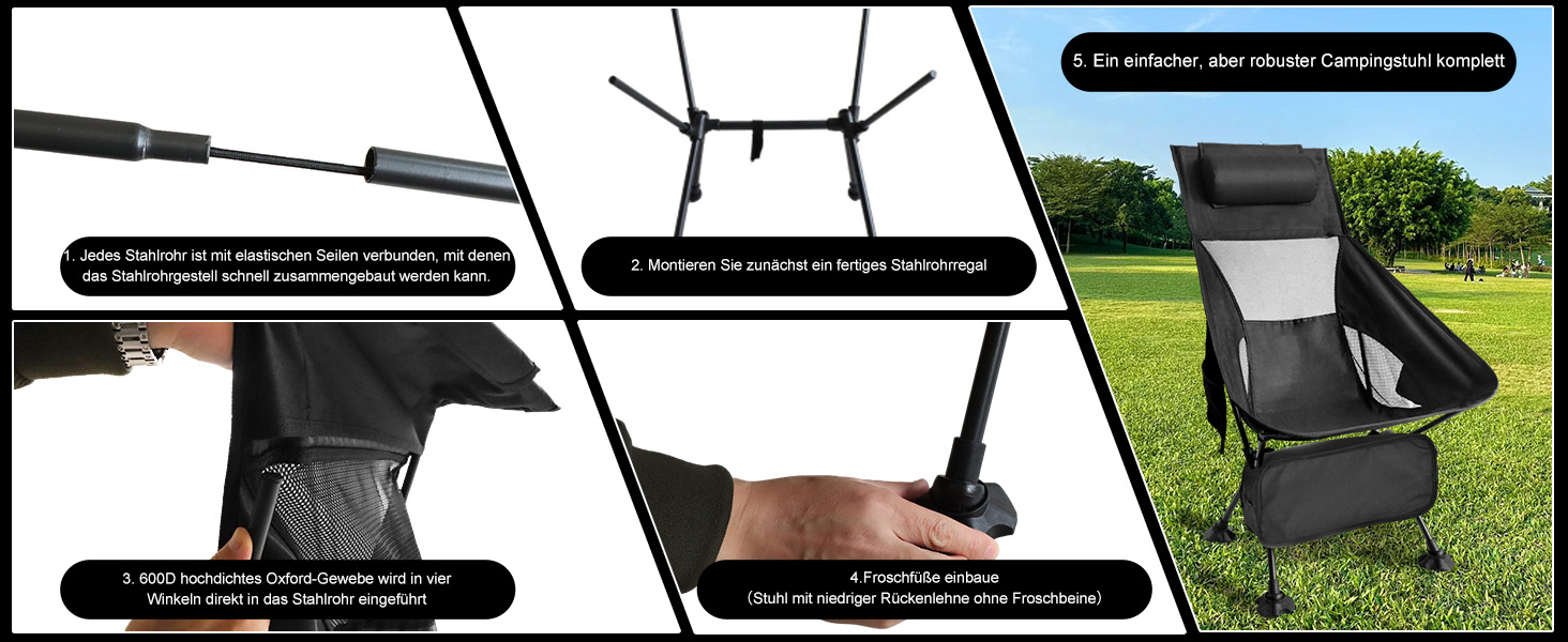 Зручний складаний стул для кемпінгу Bindokun, 120 кг, ультралегкий, з кишенями та підголівником, чорний