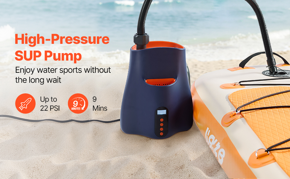 Електрична SUP-насос VEVOR з USB-виходом, 22 PSI, з LED-підсвічуванням та автоматичним вимкненням. Ідеально для надувних SUP-дошок, наметів та інших надувних виробів.