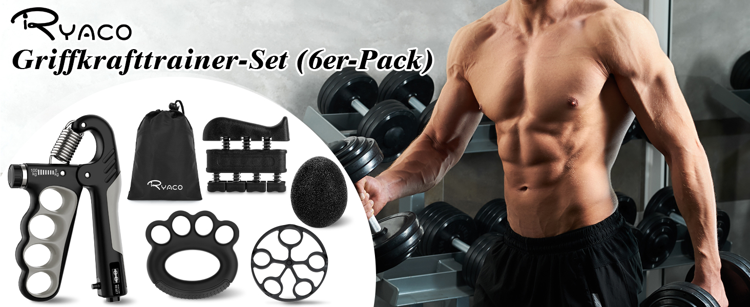 Ryaco Handtrainer: Розширювач для пальців та рук (5-100 кг), 6 предметів - тренажер для кисті, силовий хват, м'ячик для зняття стресу
