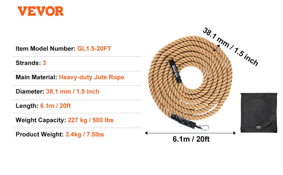 Мотузка VEVOR 6,1 м x 38 мм, 227 кг, джут, для фітнесу