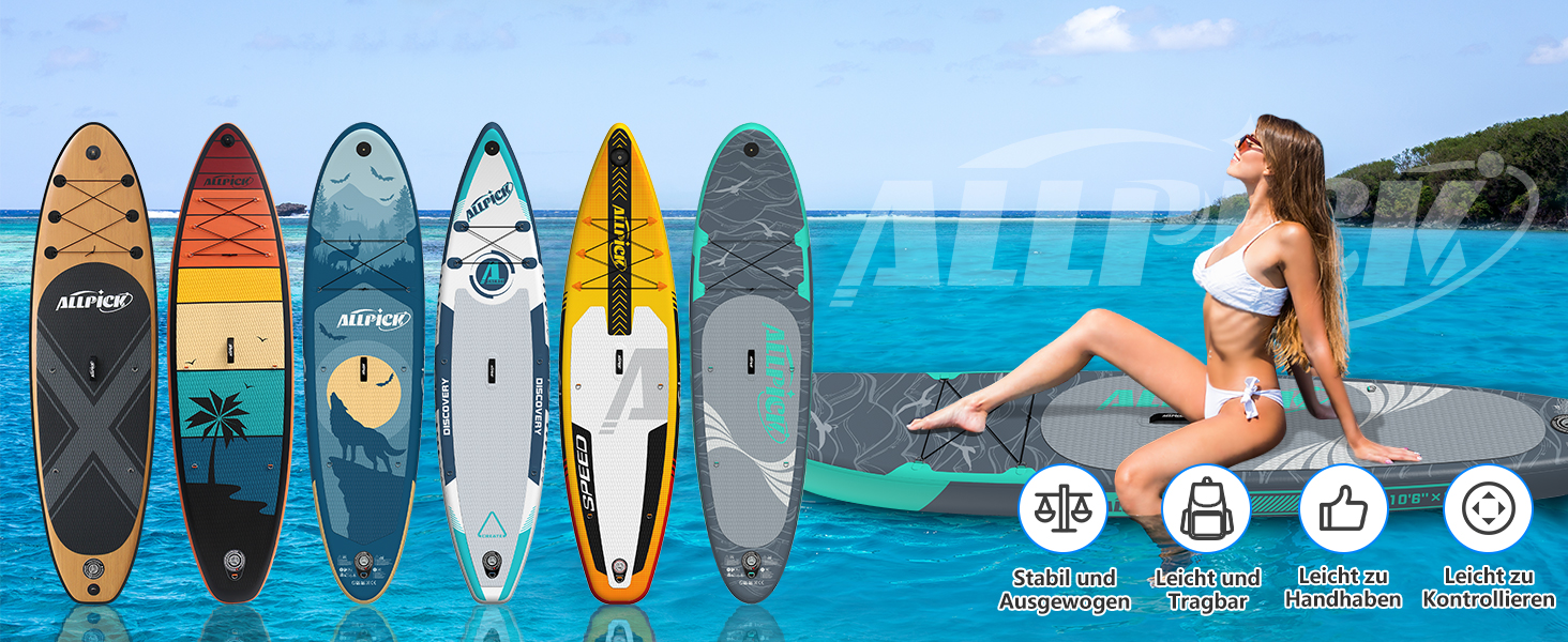Надувний SUP-борд ALLPICK Premium Set: Комплект для станд-ап паділінгу з аксесуарами, кріпленням для камери та регульованим веслом (200 кг, Сіво-бірюзовий)