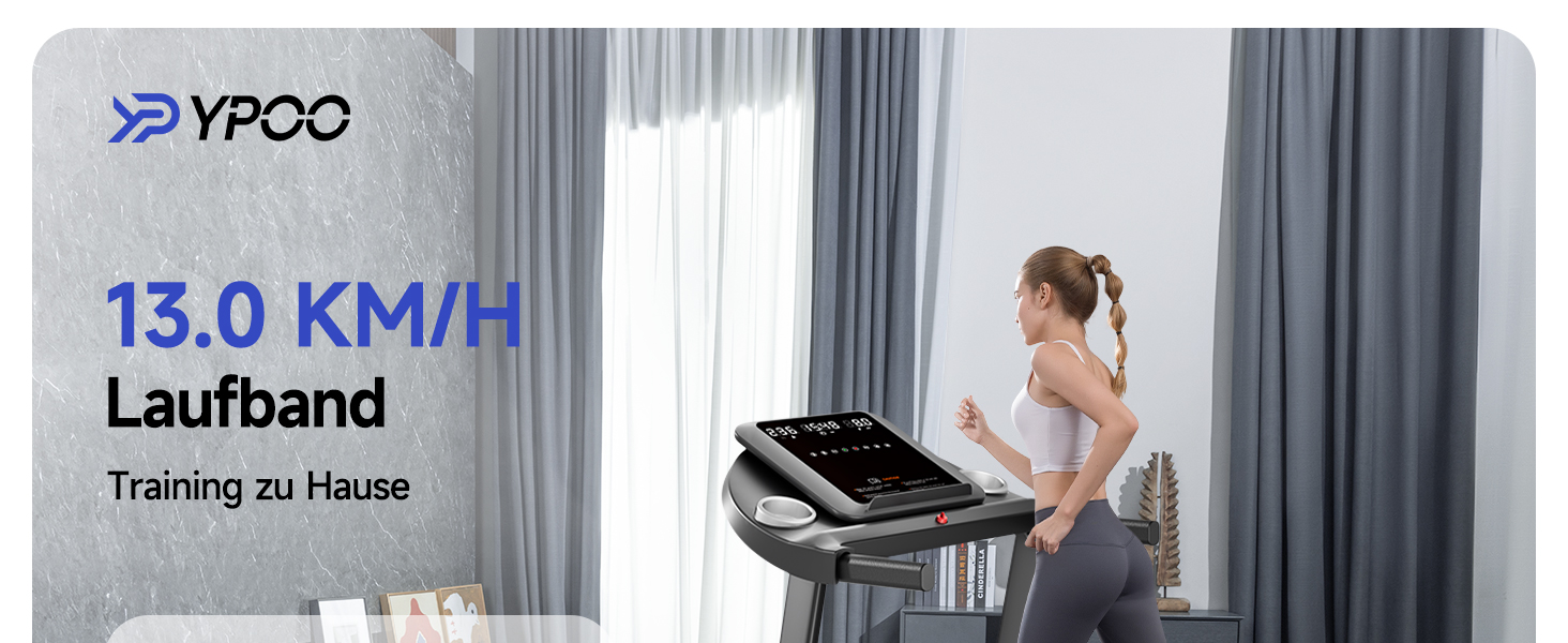 Біговий тренажер YPOO для дому, складаний з нахилом 8%, тихий до 13 км/год з великою поверхнею для бігу, 2.5 HP з LED-дисплеєм та APP, максимальне навантаження 140 кг