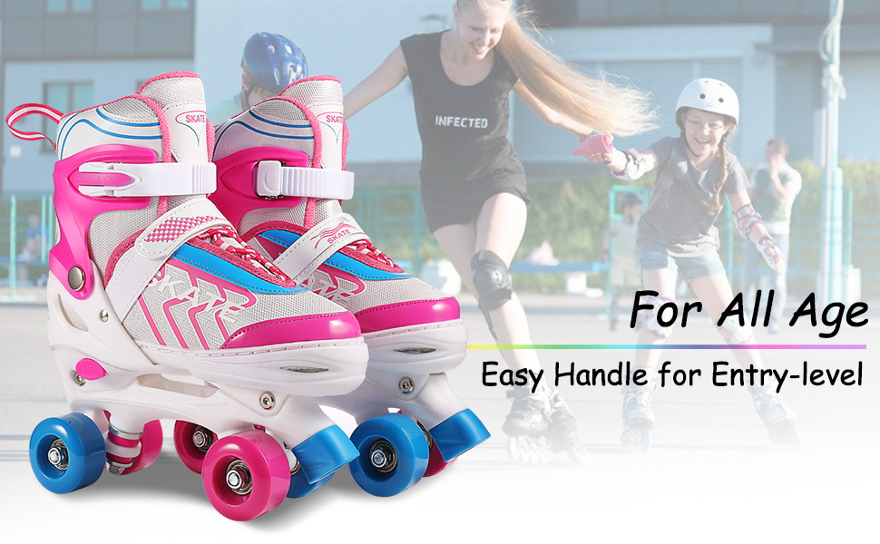 Роликові ковзани Hikole для дітей, початківців, регульовані, 8 PU-коліс, для хлопчиків та дівчаток, рожеві, розмір S (31-34)