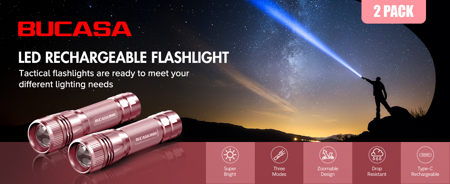 Ліхтарик LED BUCASA, 2000 люмен, 3 режими, 2 шт. Зоомирующийся, водонепроникний, для кемпінгу та туризму (рожевий)
