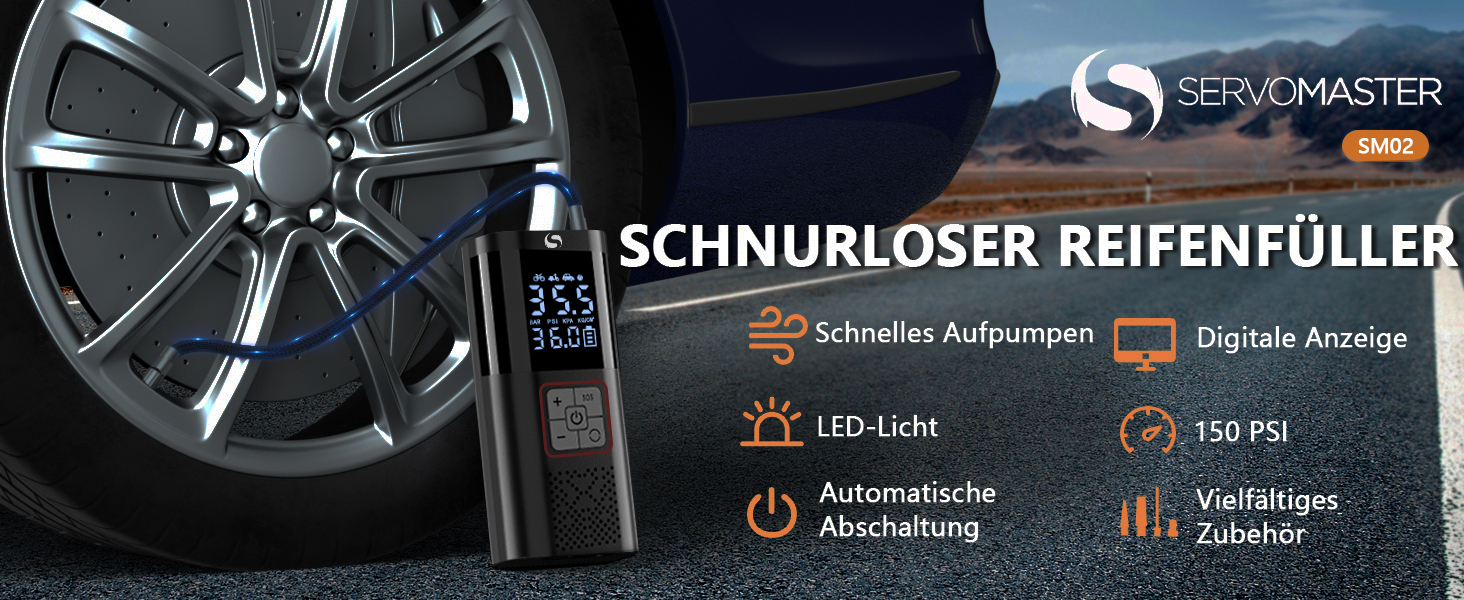 Електричний повітряний насос SERVOMASTER з манометром, 150PSI, LED, для авто, мото, велосипеда та м'ячів (чорно-червоний)