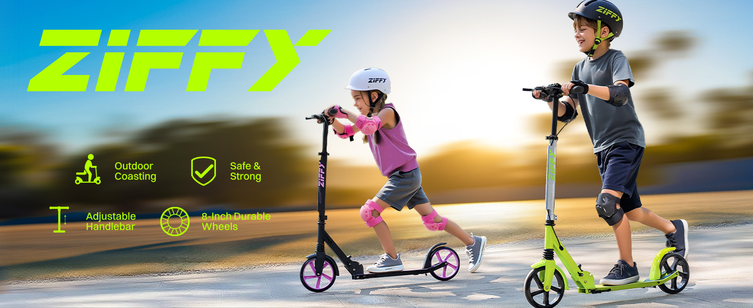 Тролетер ZIFFY для дітей та дорослих, 6-12 років, чорно-зелено-фіолетовий, колеса 200 мм, підшипники ABEC-9, амортизація, складний алюмінієвий каркас, регульований кермо 79-106 см, ручне гальмо, вантажопідйомність до 118 кг