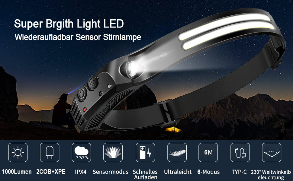 Фронтальний ліхтар GSY LED з перезаряджанням, 2 COB LED, 1000 люмен, сенсор, вологостійкий, 230° світловий потік