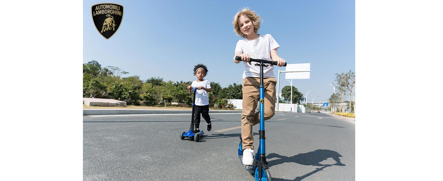 Скутер Lamborghini Tretroller Cityroller з великим колесом, складаний, регульована висота, для дорослих та дітей, з підставкою, передньою амортизацією та гальмом на задньому колесі, синій, до 100 кг