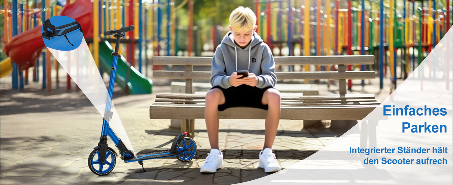 Скутер Lamborghini Tretroller Cityroller з великим колесом, складаний, регульована висота, для дорослих та дітей, з підставкою, передньою амортизацією та гальмом на задньому колесі, синій, до 100 кг