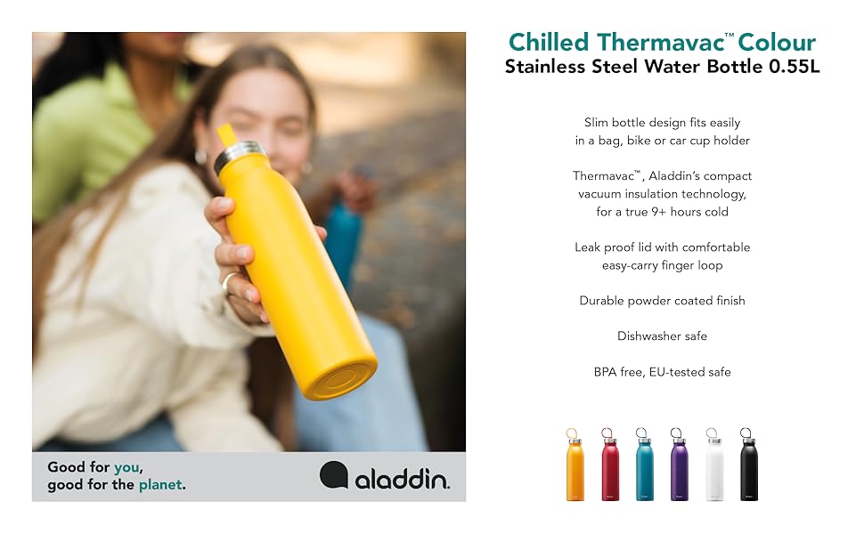 Пляшка для води Aladdin Chilled Colour Thermavac з нержавіючої сталі 0,55 л матовий чорний - Пляшка-термос зберігає холод протягом 9 годин - Вакуумна ізоляція з подвійними стінками - Пляшка для води без бісфенолу А - Можна мити в посудомийній машині Лава чорна