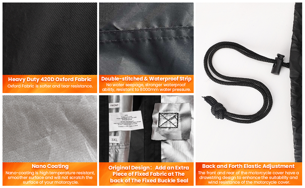 Накладна щільна мотоциклетна накидка Motorrad Abdeckplane Indoor & Outdoor, 420D, для туристичних моделей, Road King, чорно-помаранчевого кольору, водонепроникна, захист від дощу та УФ-променів, пилезахисна (2XL 245x110x140CM)