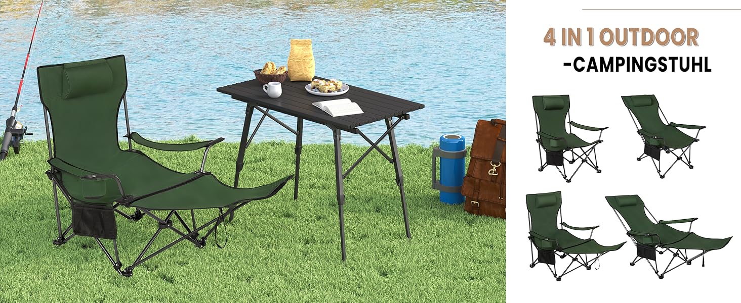 Крісло для кемпінгу Woltu, складне, для риболовлі, легке, з підніжкою та підлокітником, 150 кг, з сумкою, зелене