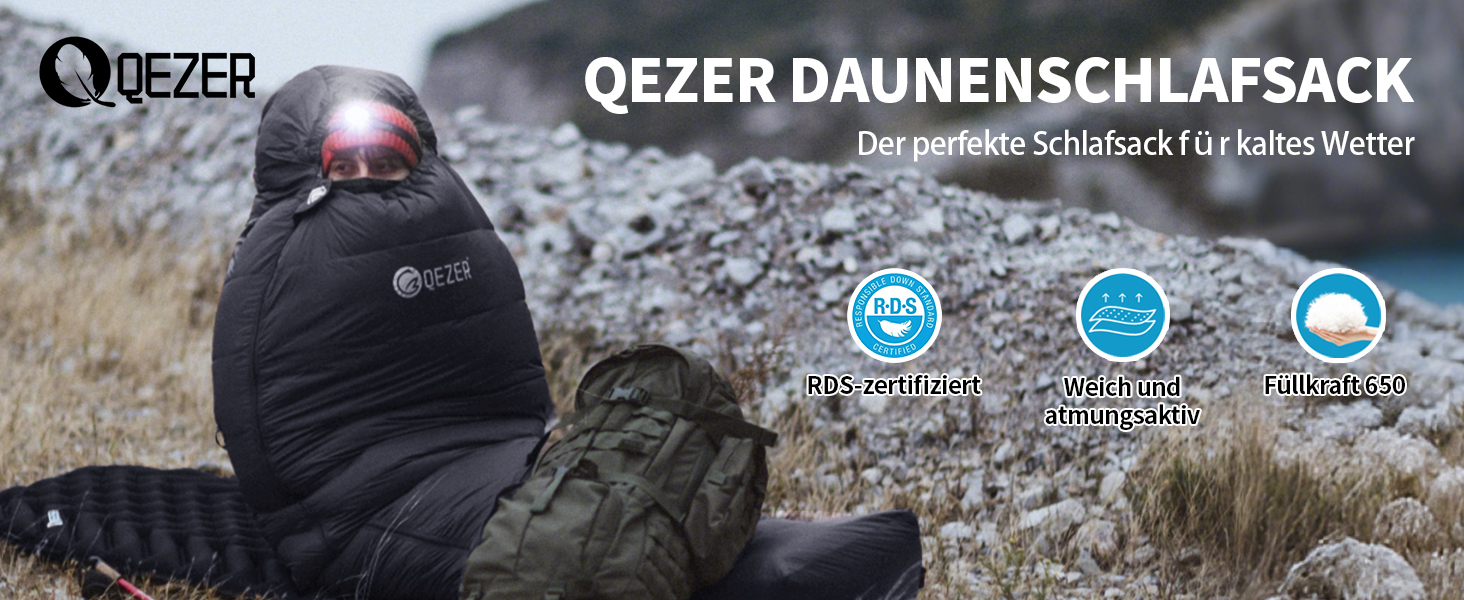 Сплячий мішок для дорослих та дітей, зимовий легкий, Outdoor 8°C ~ -30°C для кемпінгу та альпінізму, 650 FP гусячий пух, чорний, 1000г