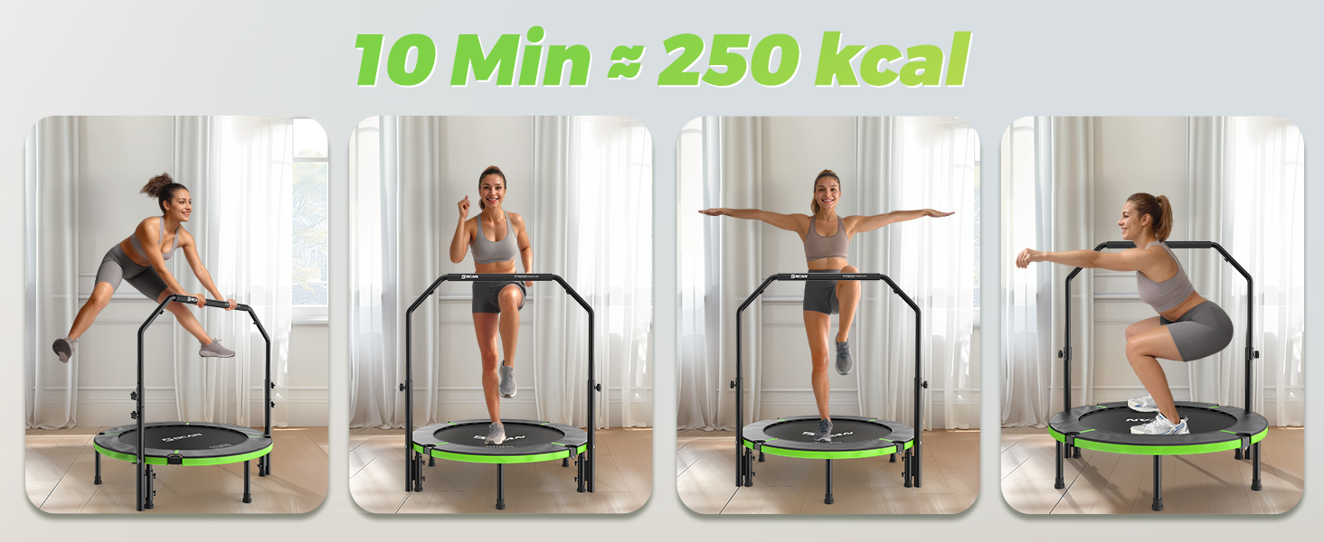 Трамплін для дому BCAN Fitness: діаметр 102/122/130 см, пружинний/з еластичним тросом, для дорослих до 250 кг, з регульованими ручками, тихий та з низькою вібрацією, зелений