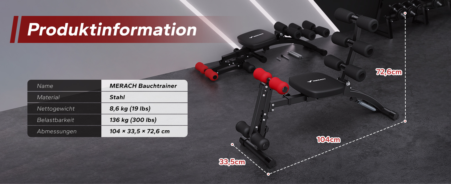 MERACH Регульована лава для пресу, тренажер для вправ на прес та ноги, до 136 кг, чорний