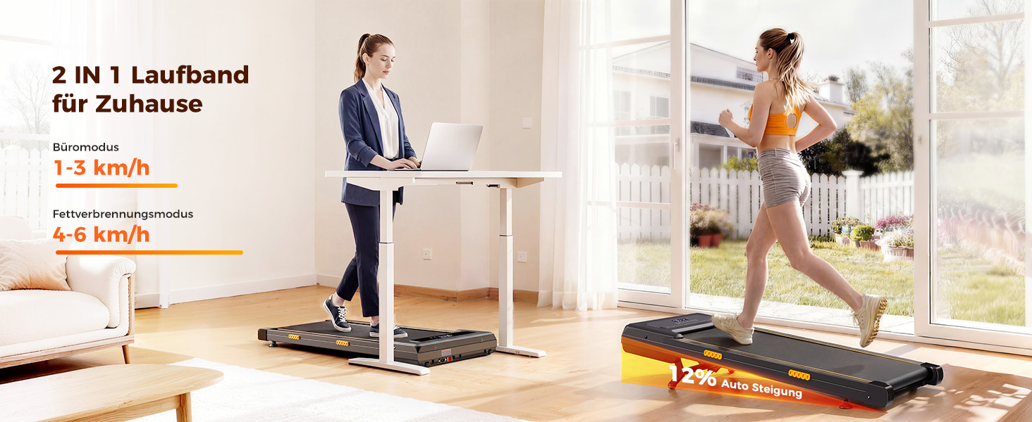 Walking Pad з регулюванням нахилу 12%, амортизація, біговий стіл з розумним додатком, двигун 2.5PS, для дому та офісу, пульт дистанційного керування та LED дисплей, 180 кг, автоматичний нахил та додаток