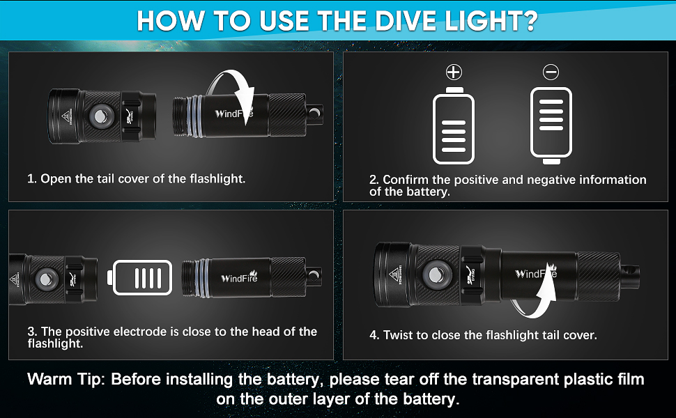 Водонепромісний ліхтар WINDFIRE Tauchschein для дайвінгу та снорклінгу, IPX8, 4 режими, індикатор заряду, перезаряджається