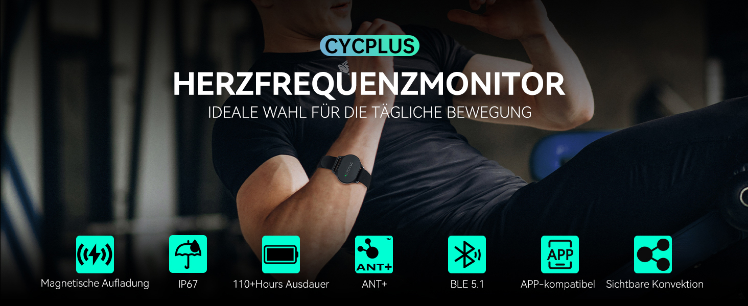 Пульсометр на браслет CYCPLUS з Bluetooth 5.1 та ANT+, LED-індикатор зон пульсу, водонепроникність IP67, для бігу, їзди на велосипеді, фітнесу та спорту (чорний)