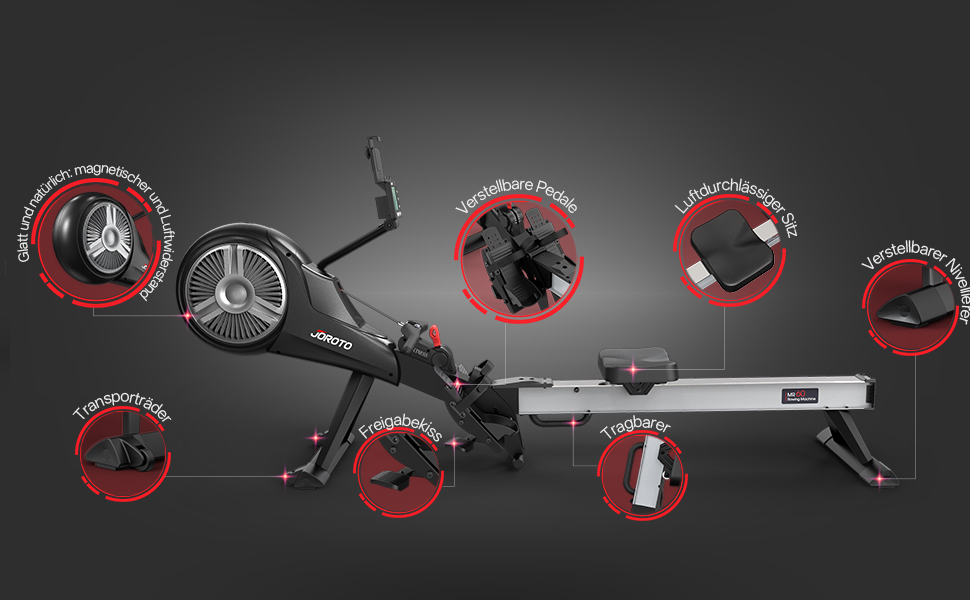 Гребний тренажер JOROTO з подвійним опором (повітряним та магнітним), тихий, складаний, з підтримкою Bluetooth, максимальне навантаження 150 кг, чорний