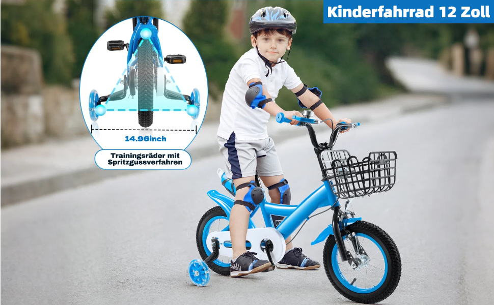 Дитячий велосипед 12 дюймів для дівчаток та хлопчиків з додатковими колесами, дзвінком та кошиком, регульована висота, від 3 років, червоний/синій/блакитний