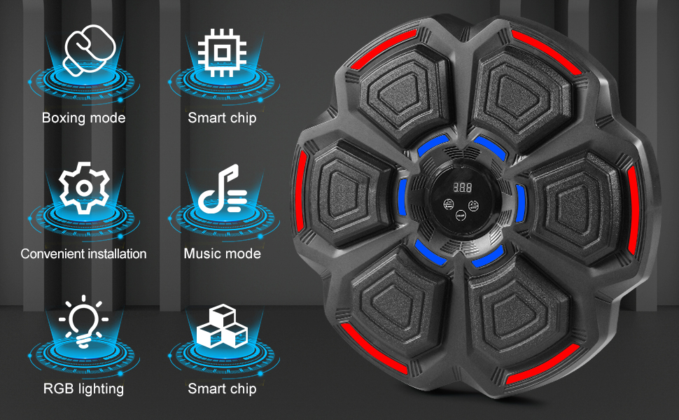 Музична боксерська машина Світлодіодна музична боксерська машина з боксерськими рукавичками, 9 режимами швидкості та режимом підрахунку, підтримує велику професійну настінну мішень для боксу Bluetooth для приміщень і тренажерного залу (Black H)
