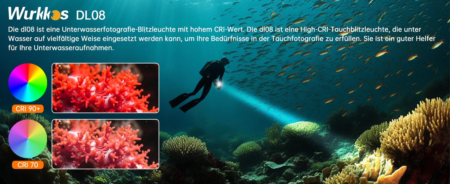 Ліхтар підводний Wurkkos DL08 – 3600 люмен, IPX8, з червоним та UV світлом, регулювання потужності, режими Spot/Flood, Type-C, CRI 90