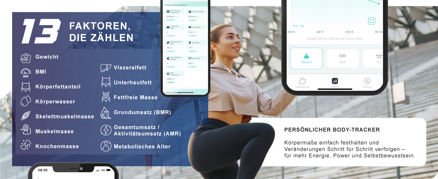 Вага Mybeo для тіла з аналізом складу тіла та Bluetooth - цифрова вага для тіла з дисплеєм, скануванням Full Body, до 180 кг, загартоване скло