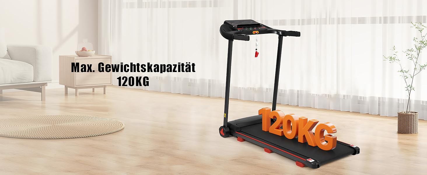 Біговий тренажер для дому, складаний, швидкість до 14 км/год, вантажопідйомність 120 кг, тримач для планшета, Bluetooth-динамік, німецька якість, USB-зарядка, кут нахилу 8%