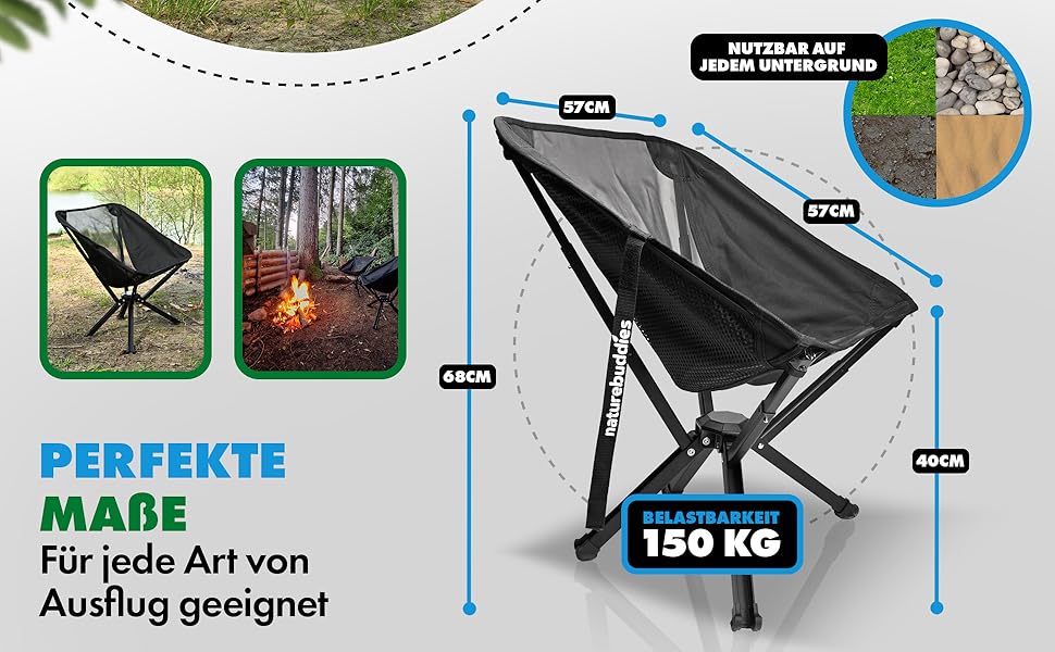 Крісло для кемпінгу Nature Buddies® Faltbar: Легке, компактне, розкладне, до 150 кг | Стільці для риболовлі, відпочинку на природі, фестивалів, туризму | Чорний