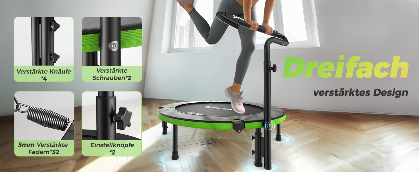 Міні-батут BCAN для дому, 102 см, складний, для дорослих, з регульованою ручкою, до 150 кг, для фітнесу та тренувань