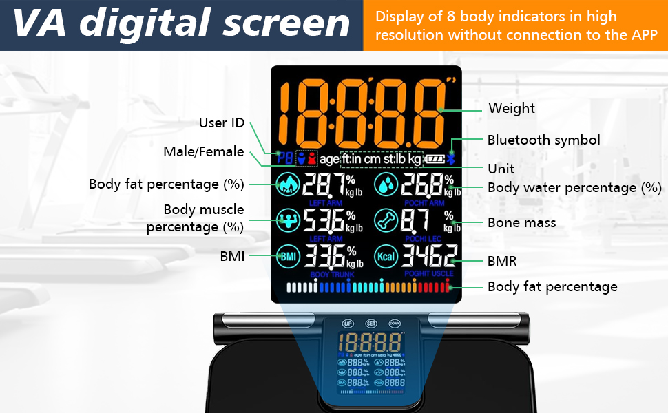 Вага для вимірювання жиру в тілі з датчиками, аналізатор складу тіла з великою ручкою-дисплеєм, вага з 8 високоточними сенсорами та APP, персональна вага з аналізом жиру для 32 показників (Чорний)