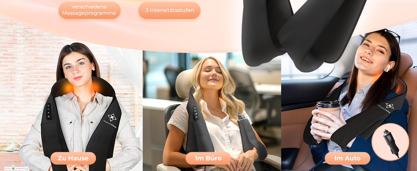 Масажер MASSAGEWERK Shiatsu для шиї та спини, електричний з функцією підігріву, чорний, для зняття м'язових болів та напруги, ергономічний