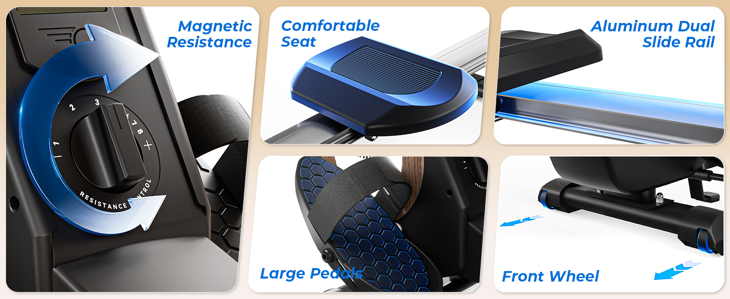 Гребний тренажер ONETWOFIT складаний для дому Pro, 16 рівнів навантаження, кросстренажер до 160 кг, сумісний з додатком, чорний