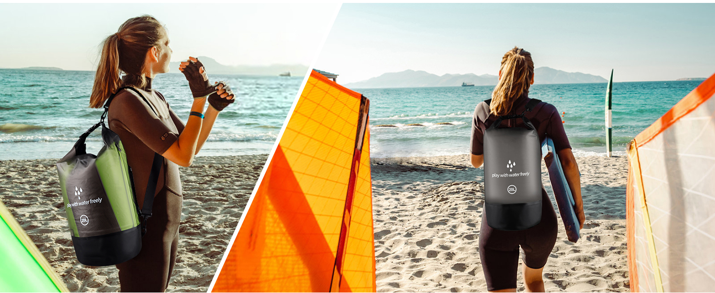 Водонепроникний мішок Drysack 20 л Roll-Top з кишенею для телефону – для каякінгу, човнів, походів, рафтингу, плавання, кемпінгу та риболовлі (Чорний)