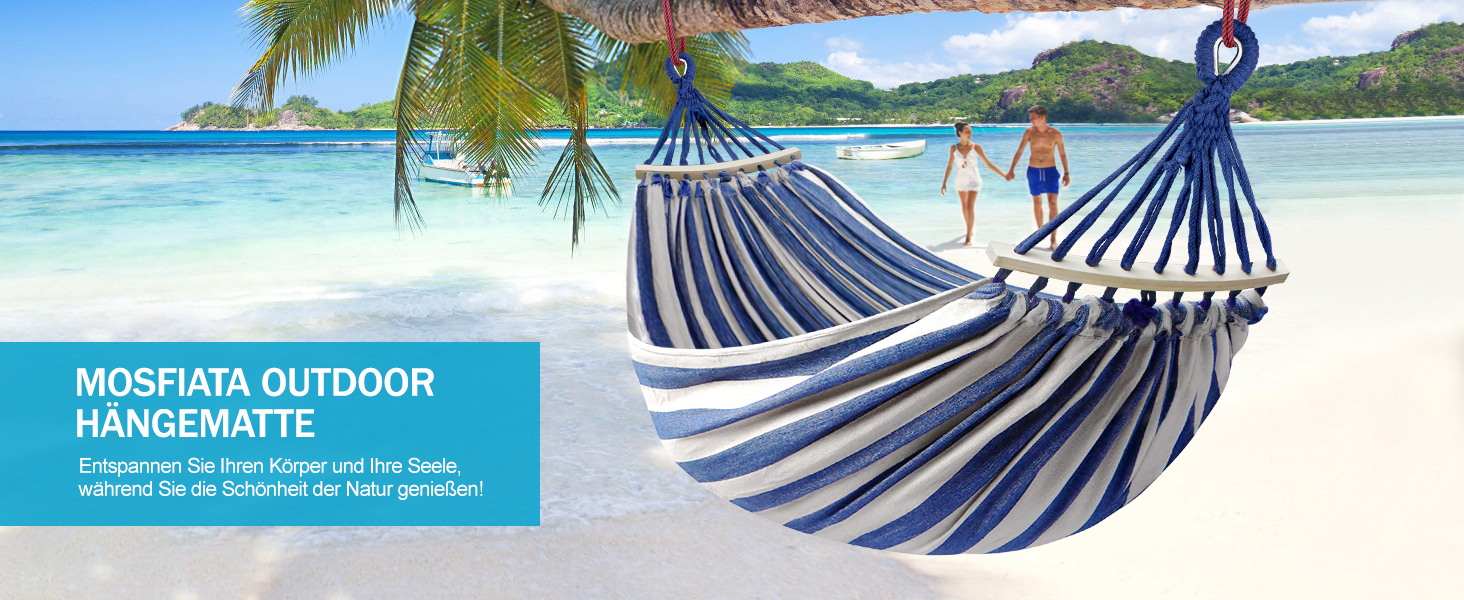 Гамак для відпочинку на відкритому повітрі: кемпінговий гамак з дерев'яною перекладиною, ременями та сумкою. Підходить для дому, балкону, тераси, саду, подорожей з рюкзаком. Колір: блакитний