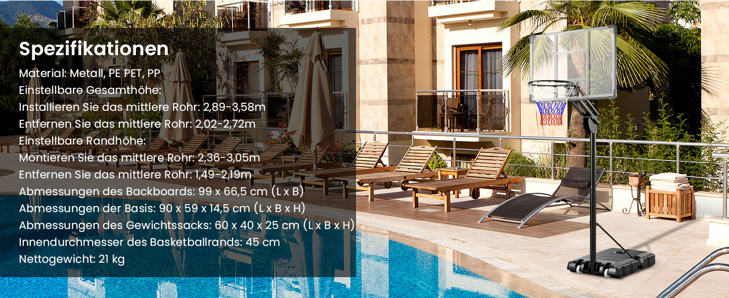 Баскетбольне кільце Gymax вуличне, регульована висота 204-358 см, стійка на колесах, з утяжеленою основою, для підлітків та дорослих 236-305 см