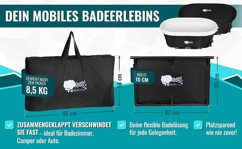 Зручна складана ванна для дорослих 147x74x60 см – комплект з аксесуарами для теплої та холодної ванни, портативна, для дому та відпочинку на природі, чорно-біла, MelodieGesund