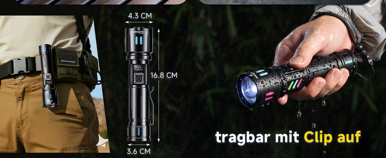 LED ліхтар Esgofo перезарядна, 1000000 люменів, дальність 1000 м, регульований фокус, 15 годин роботи, USB-C, для кемпінгу та безпеки