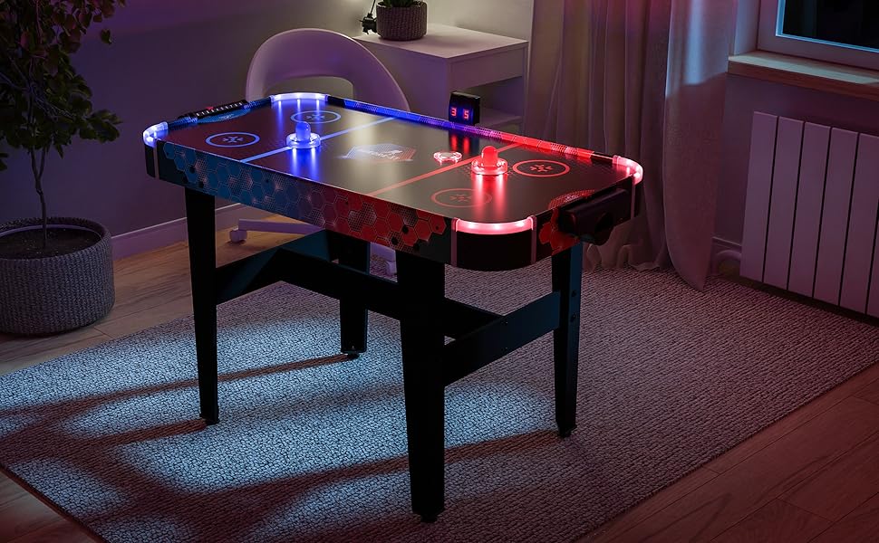 Airhockey стіл Aurora-XT від Carromco – великий стіл для аір-хокею з LED підсвіткою для дітей та дорослих від 7 років, 131x62x79 см, з LED шайбами та пушером, блок живлення