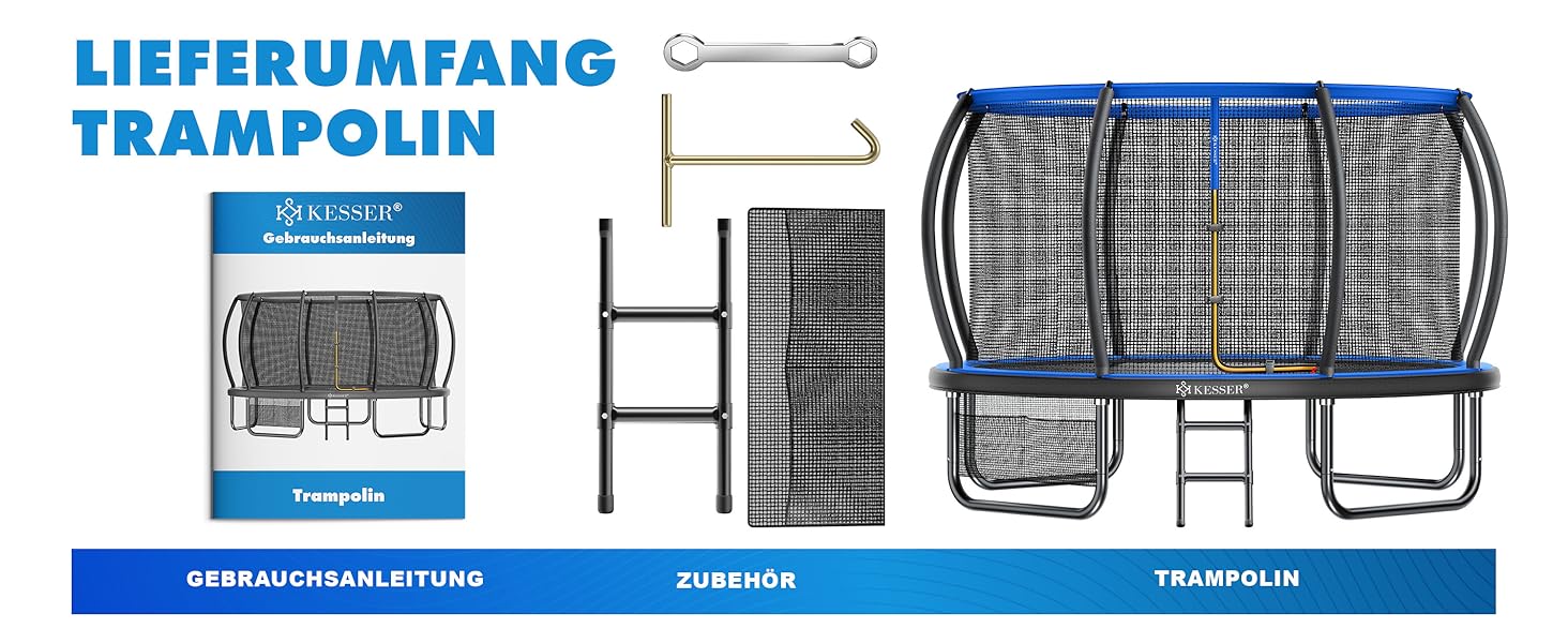 Трамплін KESSER® Outdoor для дітей та дорослих, діаметр 244/305/366/427 см, з сертифікатом GS, безпечне сітко, сходи, захисний борт, м'які стійки (блакитний, ⌀ 305 см)