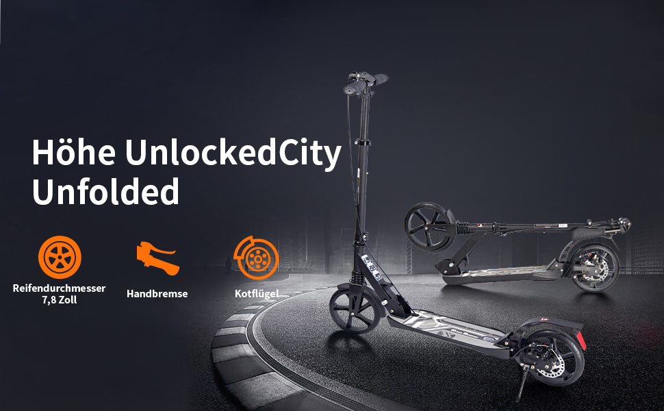 Роликовий самокат Uluck Roller Erwachsene для дорослих та підлітків, 200 мм, дискові гальма, складаний, з ременем та подвійною амортизацією (Чорний)