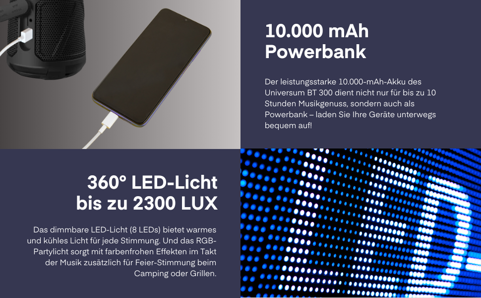Портативна Bluetooth Колонка Universum BT 300 з LED-ліхтарем та Powerbank - 20W, SD-карта, AUX, 10000mAh, 2300 LUX, вологостійка
