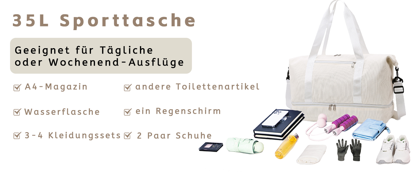 Спортивна сумка-рюкзак для жінок, 35л, Weekender, для подорожей та тренувань, з відділенням для взуття та мокрих речей, бежева