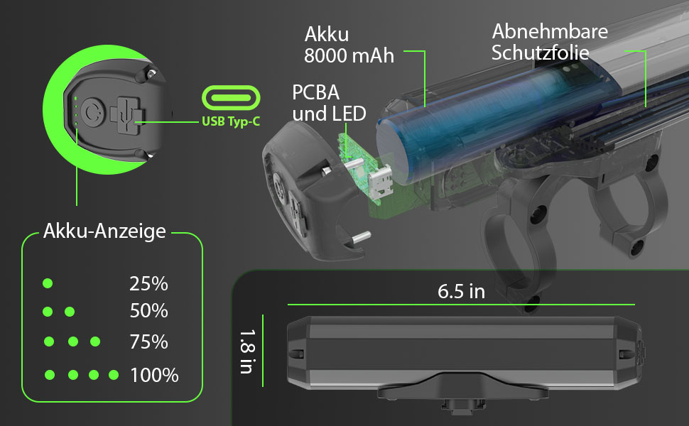 Фара велосипедна Milool 2600 люменів USB-C, 5 LED, 3 режими, алюміній, чорна